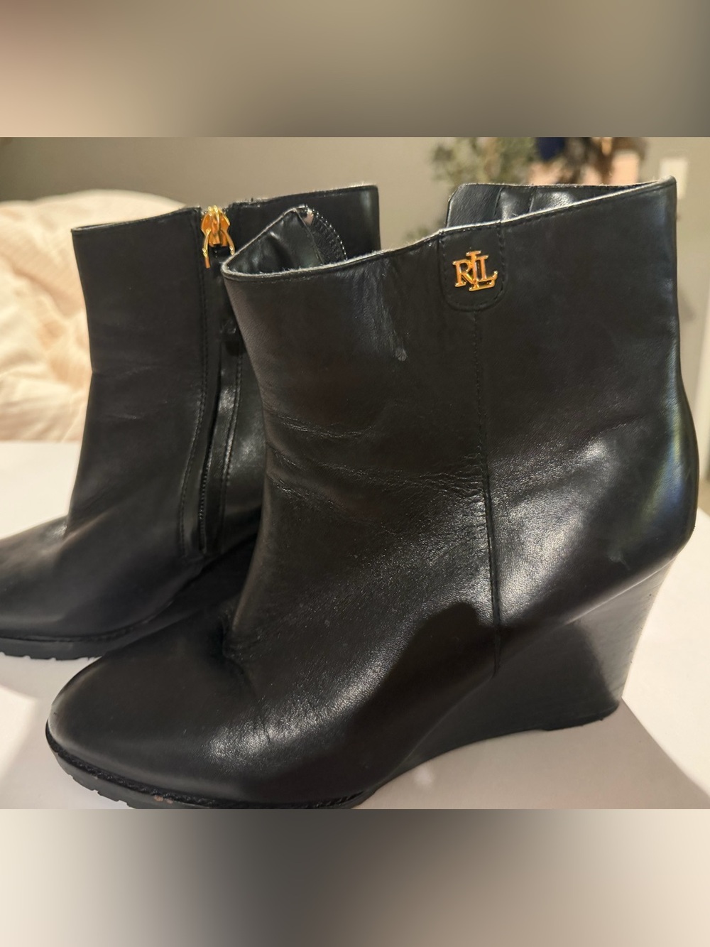 Ralph Lauren Black Leather Wedge Ankle Booties with Gold RL Accent